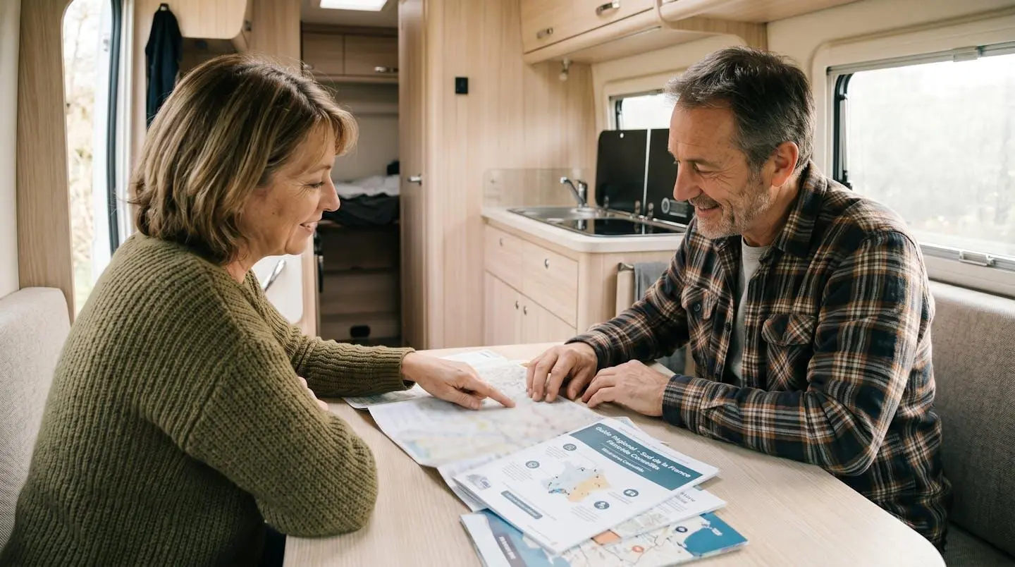 Couple d'âge mûr assis côte à côte à l'intérieur d'un camping-car moderne, consultant ensemble des documents de réservation posés sur la table