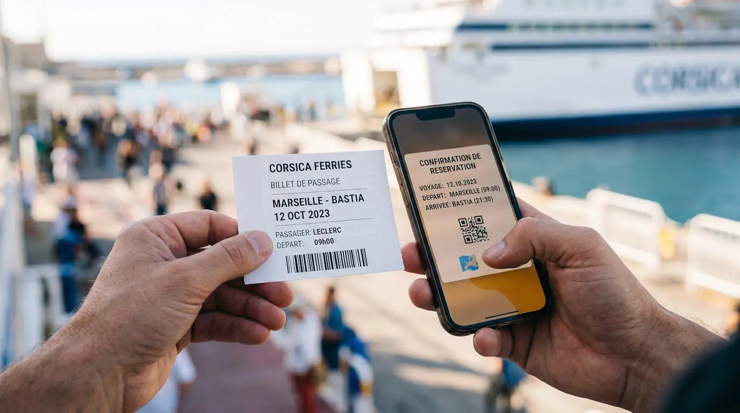 Gros plan sur des mains tenant un billet de ferry et un smartphone affichant une confirmation de réservation, arrière-plan flouté avec ambiance lumineuse naturelle