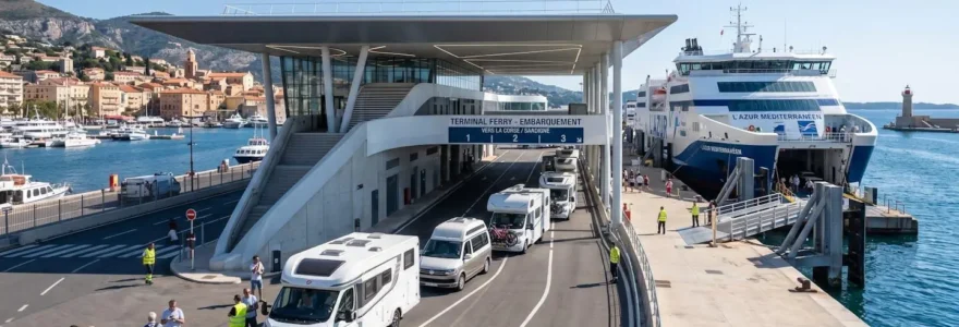 Vue grand angle d'un terminal de ferry moderne avec plusieurs camping-cars alignés en file d'attente pour l'embarquement, port méditerranéen sous ciel dégagé