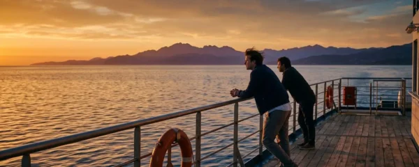 Vue depuis le pont d'un ferry au coucher du soleil, cap vers les côtes corses, mer calme et ciel orangé