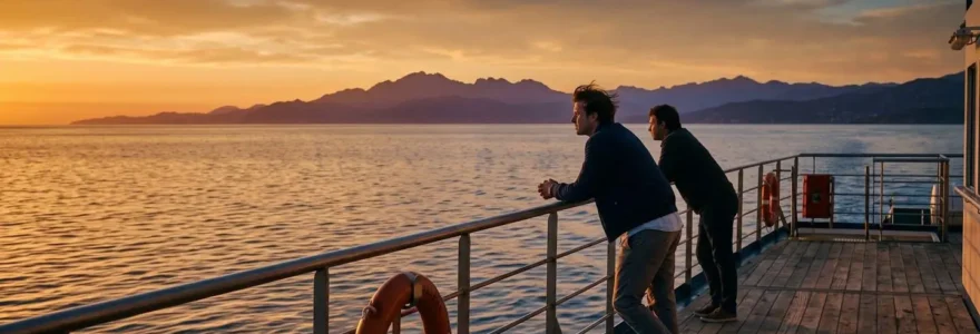 Vue depuis le pont d'un ferry au coucher du soleil, cap vers les côtes corses, mer calme et ciel orangé