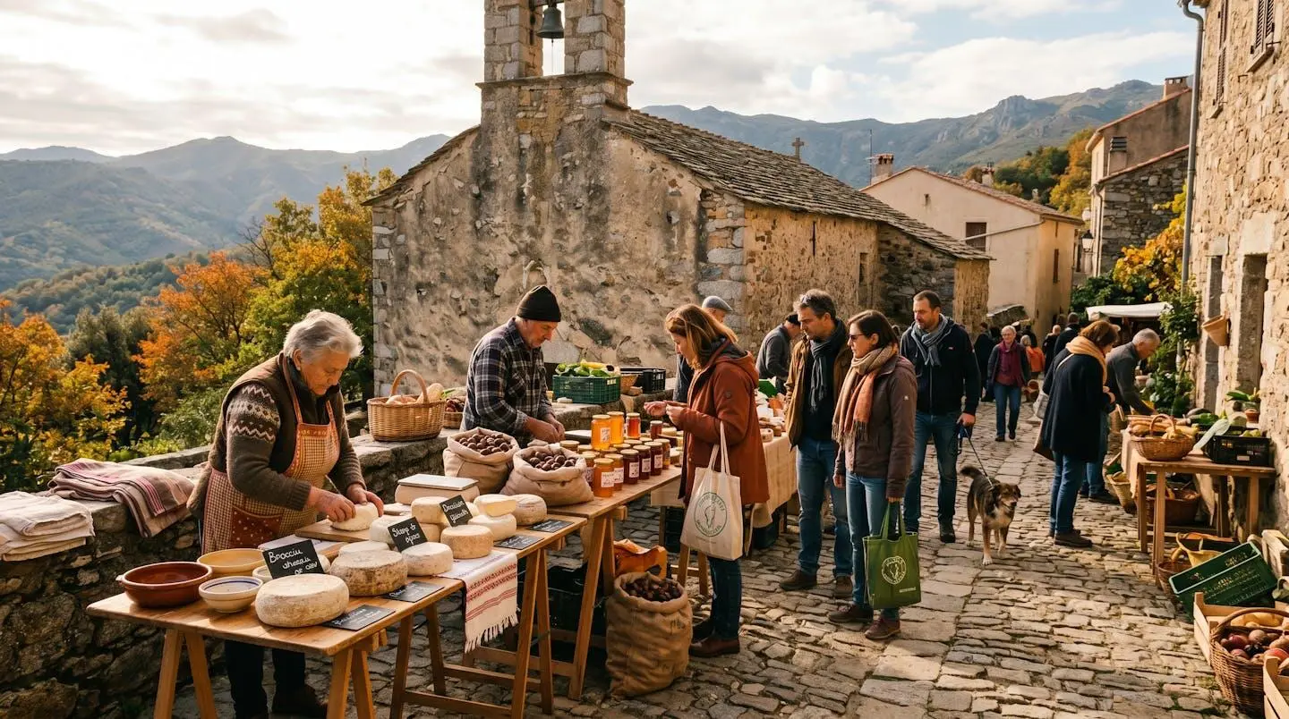 Petit marché de village corse à l'automne, étals de fromages et de châtaignes, lumière dorée, habitants locaux
