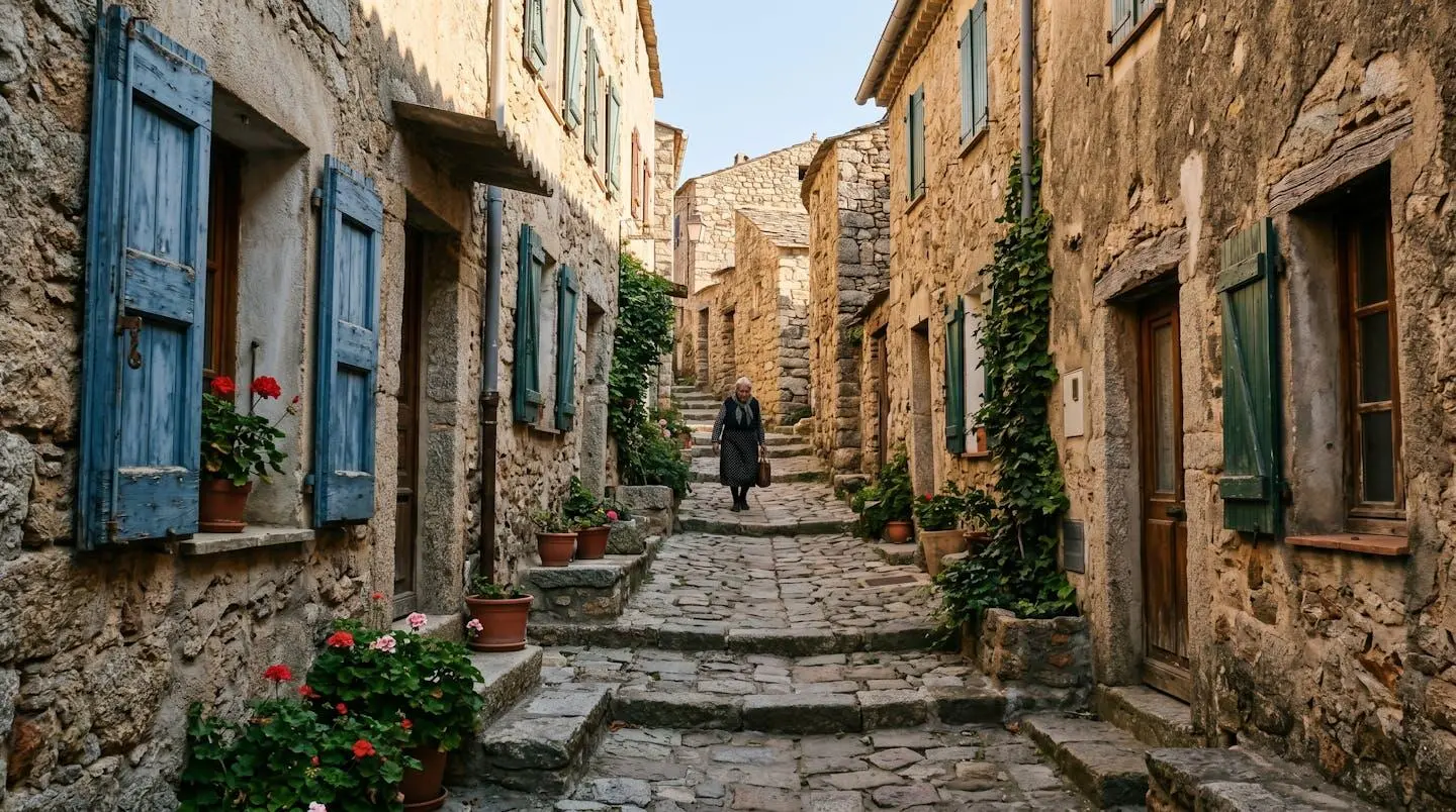 Ruelle étroite d'un village corse de l'intérieur, maisons en pierre grise, volets colorés, absence de touristes